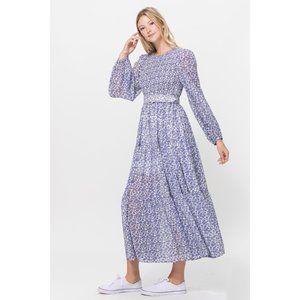 Blue Floral Print Midi Dress